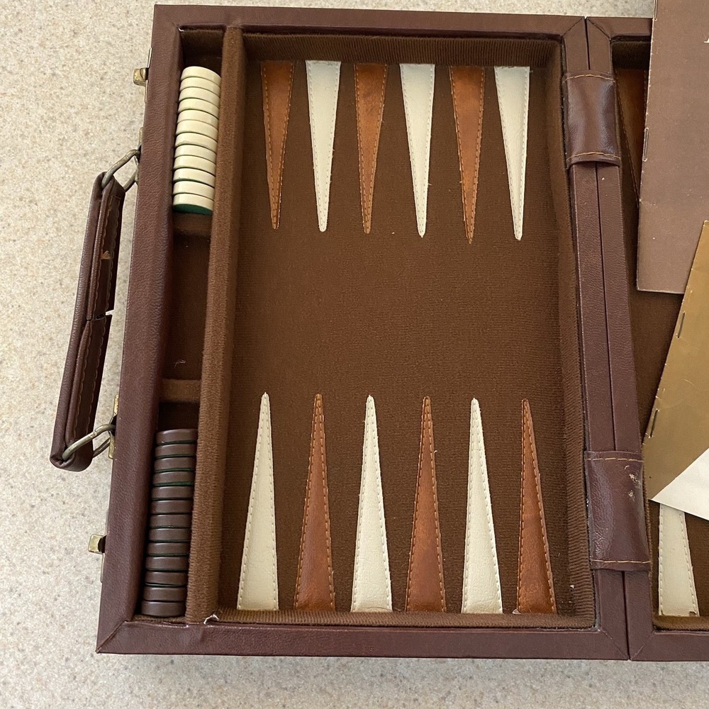 Vintage Backgammon Set in Brown Faux Leather Folding Case - Picture 2 of 8